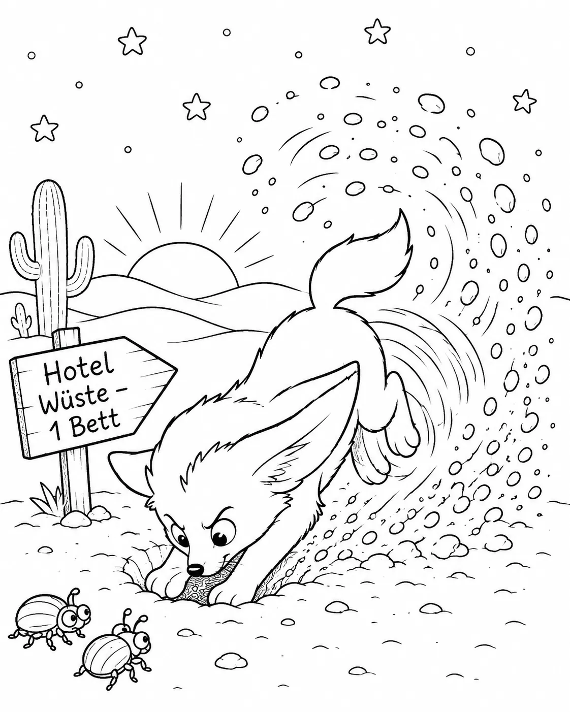 Ausmalbild: Kleiner Fennec-Fuchs gräbt blitzschnell ein Loch im Wüstensand, dabei fliegt der Sand hoch