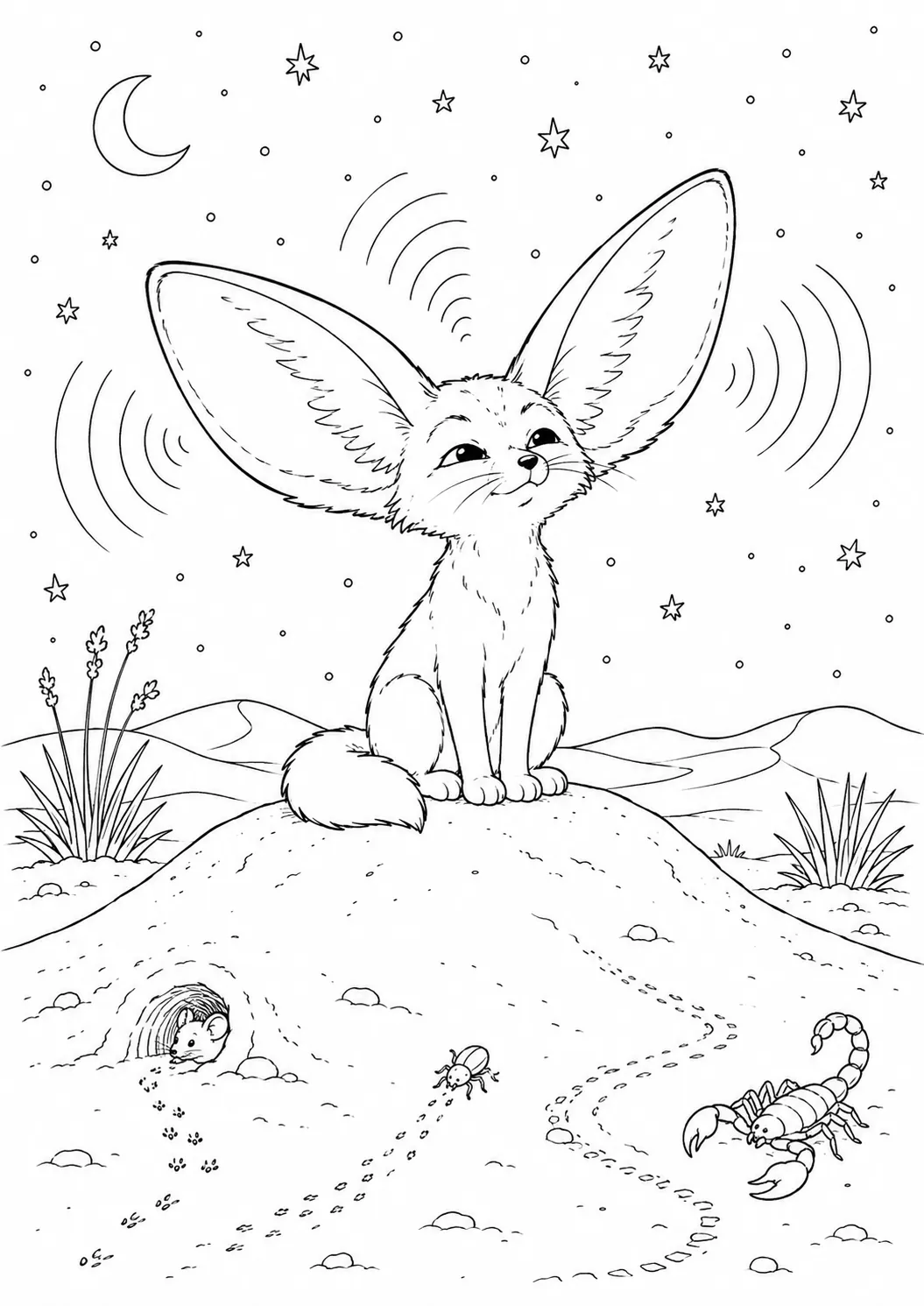 Ausmalbild: Kleiner Fennec-Fuchs sitzt auf einer Sanddüne und dreht seine riesigen Ohren zum Lauschen in alle Richtungen