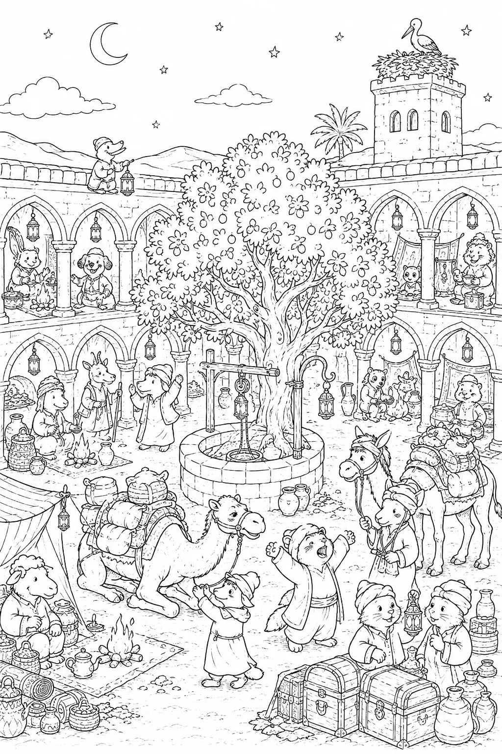 Ausmalbild: Karawanserei-Innenhof bei Abend mit Kamelen, Händlern und Feuerstellen unter Bogenkolonnaden