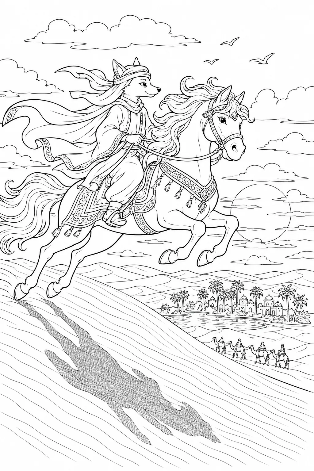涂色页：沙漠骑士在戏剧性的日落中骑白马越过沙丘