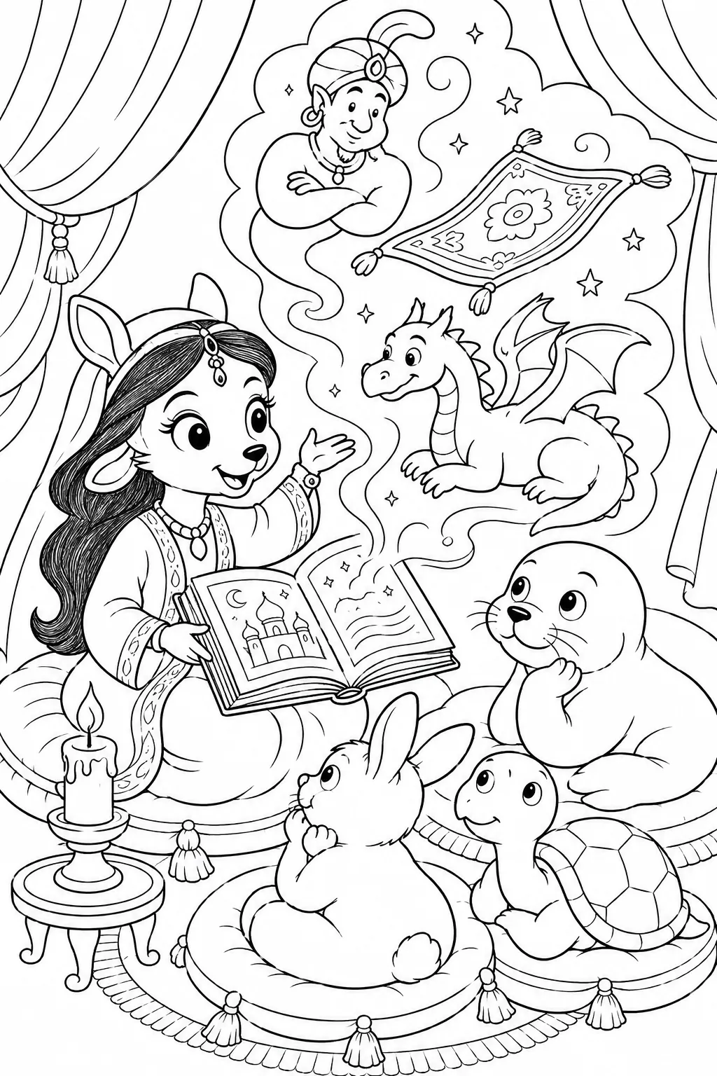 涂色页：舍赫拉查德坐在烛光旁讲故事，魔法图像从她的书中升起