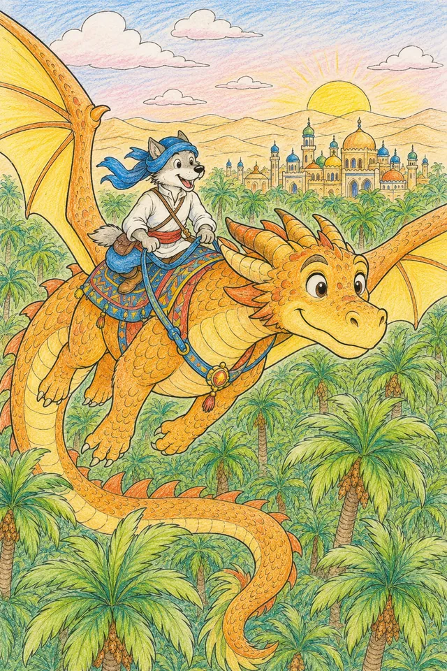 Ausmalbild: Sindbad reitet auf einem Wüstendrachen über goldene Palmenwälder auf eine versteckte antike Stadt zu