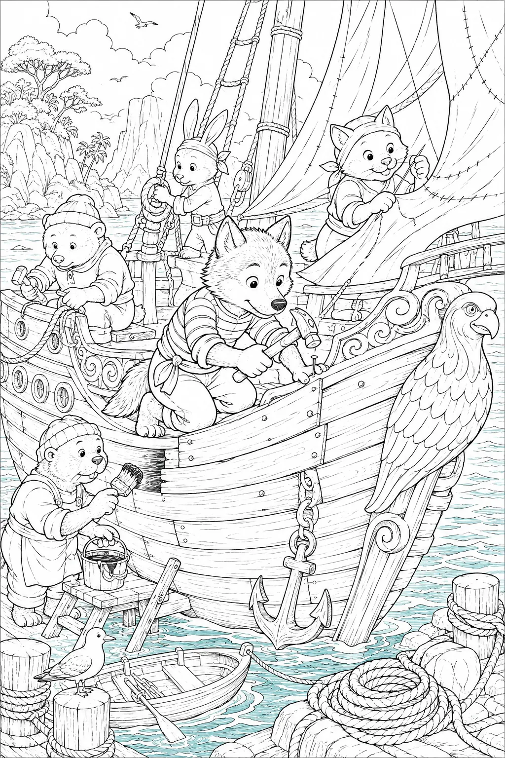 Ausmalbild: Sindbad und seine Tier-Crew reparieren ihr Schiff mit Hämmern und Seilen an der Küste