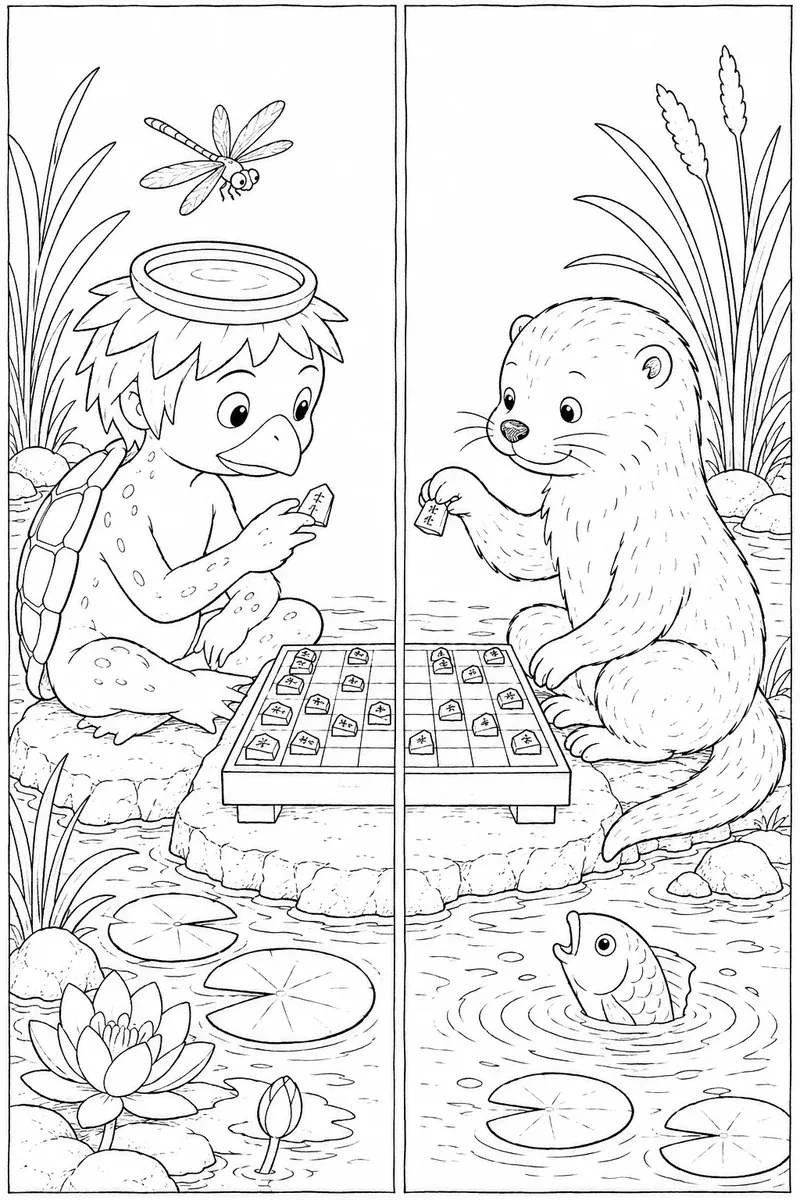 Ausmalbild im Diptychon-Stil: Kappa und Otter spielen Shogi am Fluss
