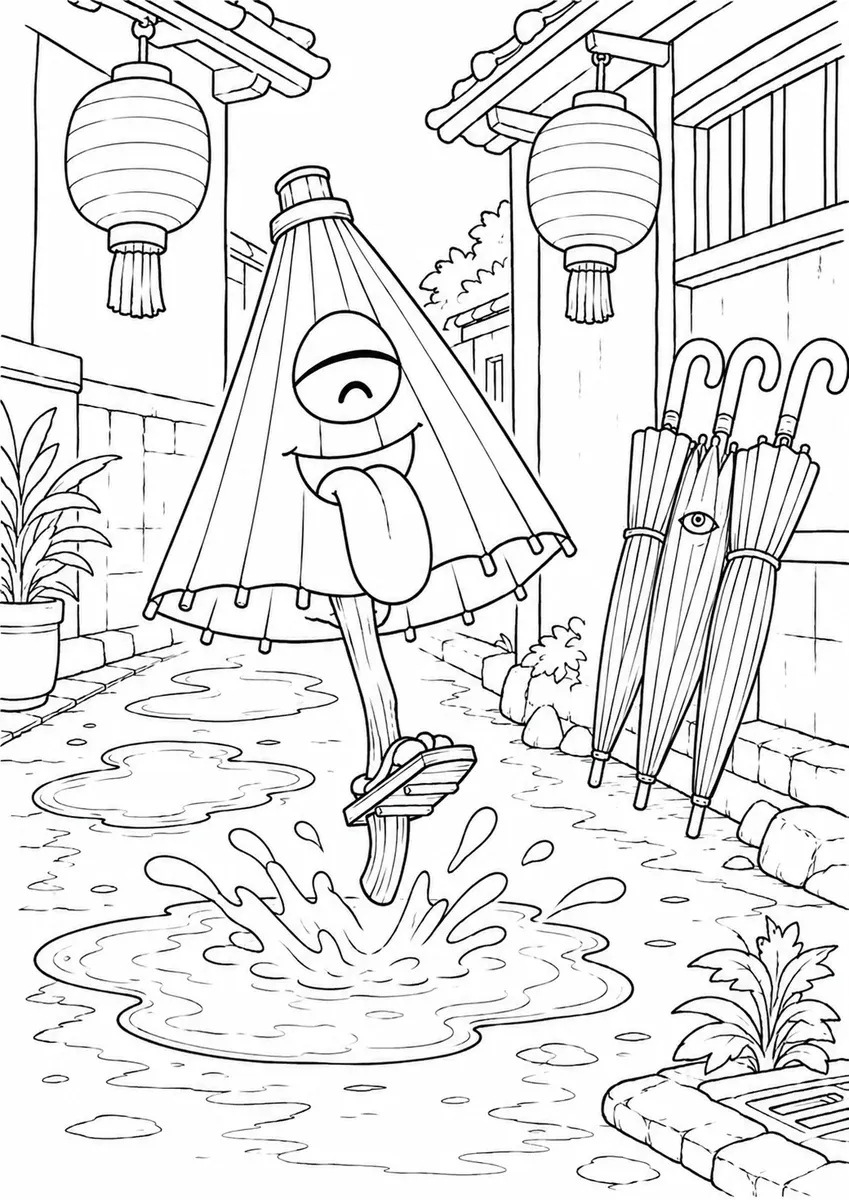 伞妖卡拉卡萨跳过水洼的涂色画