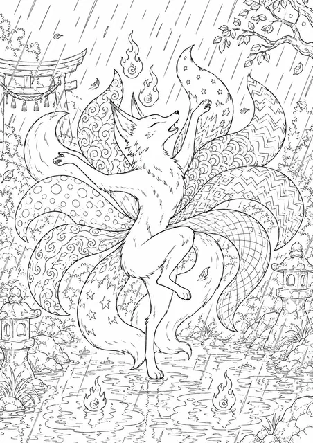 Nine-Tailed Kitsune Dancing in the Rain