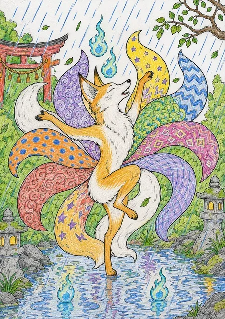 Kitsune mit neun Schweifen tanzt im Regen – So könnte es aussehen