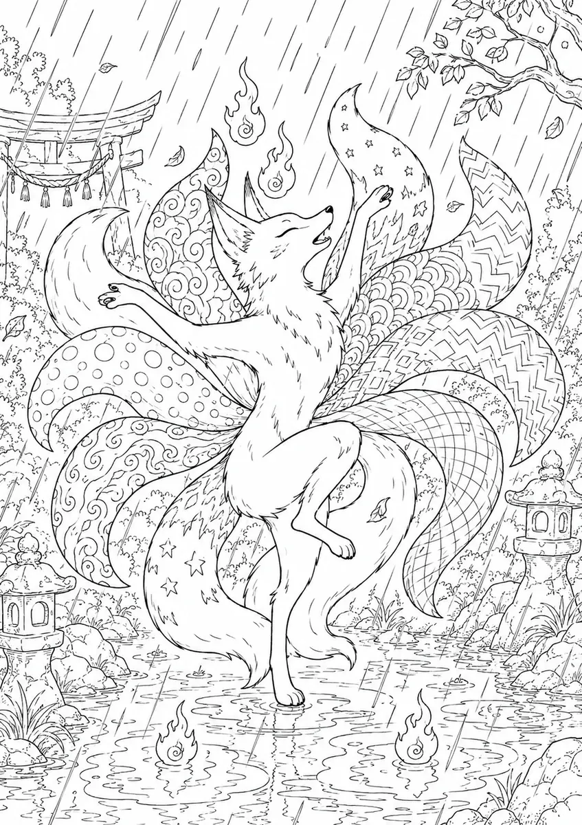 Ausmalbild eines tanzenden neunschweifigen Kitsune im Regen
