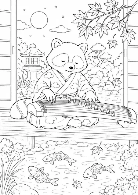 Tanuki Playing the Koto by Moonlight