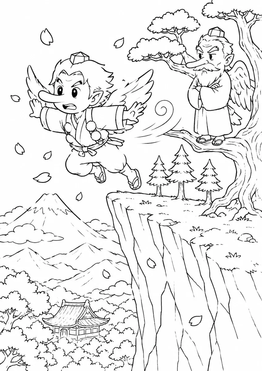 Ausmalbild eines jungen Tengu beim Fliegen am Berg mit Lehrmeister im Baum