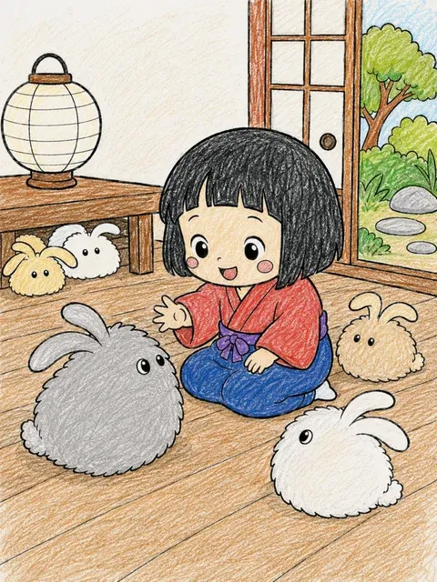 座敷童子与灰尘小兔玩耍 – 涂色效果预览