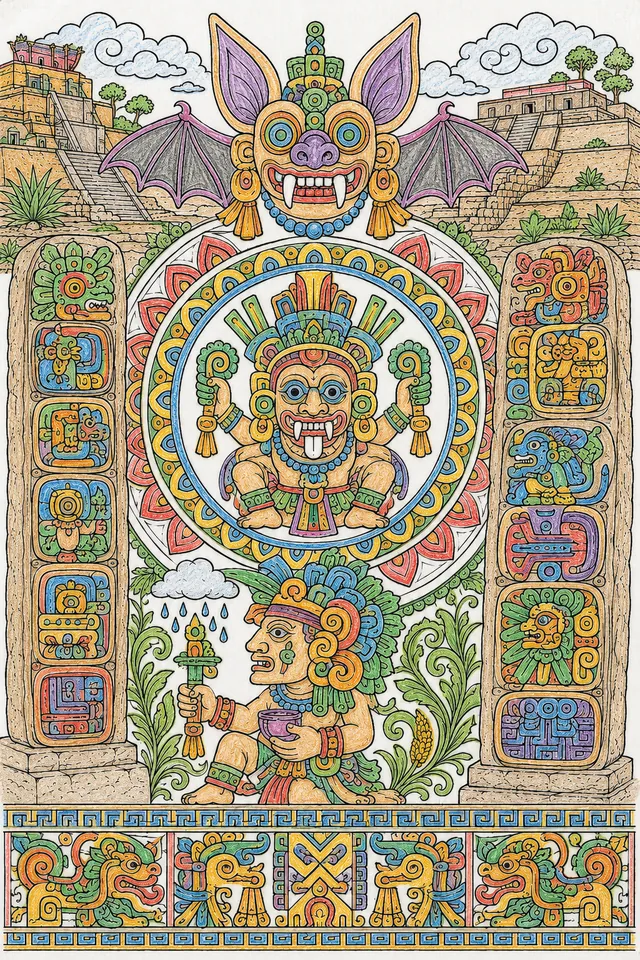 Mandala Zapotec: Cocijo mask tongue eyes fang / Bat God ears nose / step-fret continuous spiral / urn figure seated headdress / feathered serpent