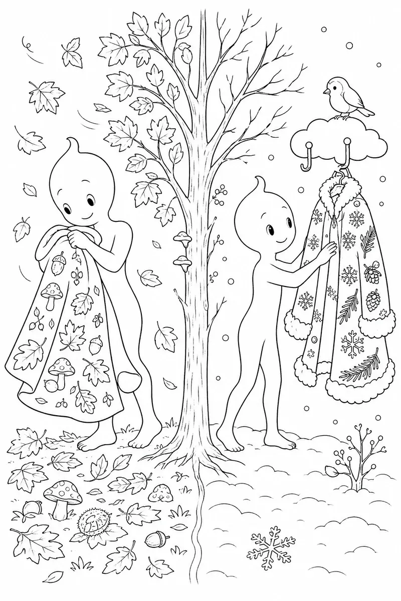 Ausmalbild im Diptychon: Jahreszeitengeist wechselt vom Herbst- zum Wintermantel