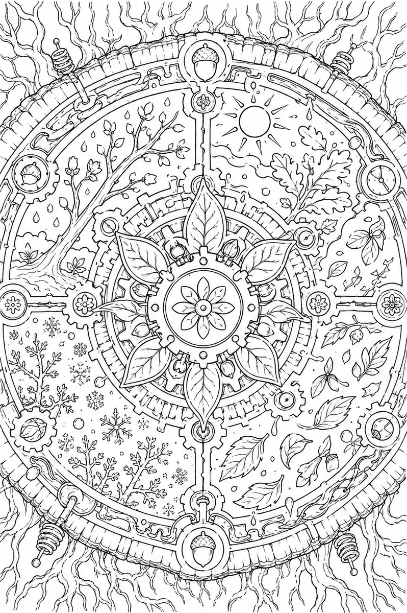 Mandala-Ausmalbild eines Baumstamms als mechanische Jahreszeitenmaschine