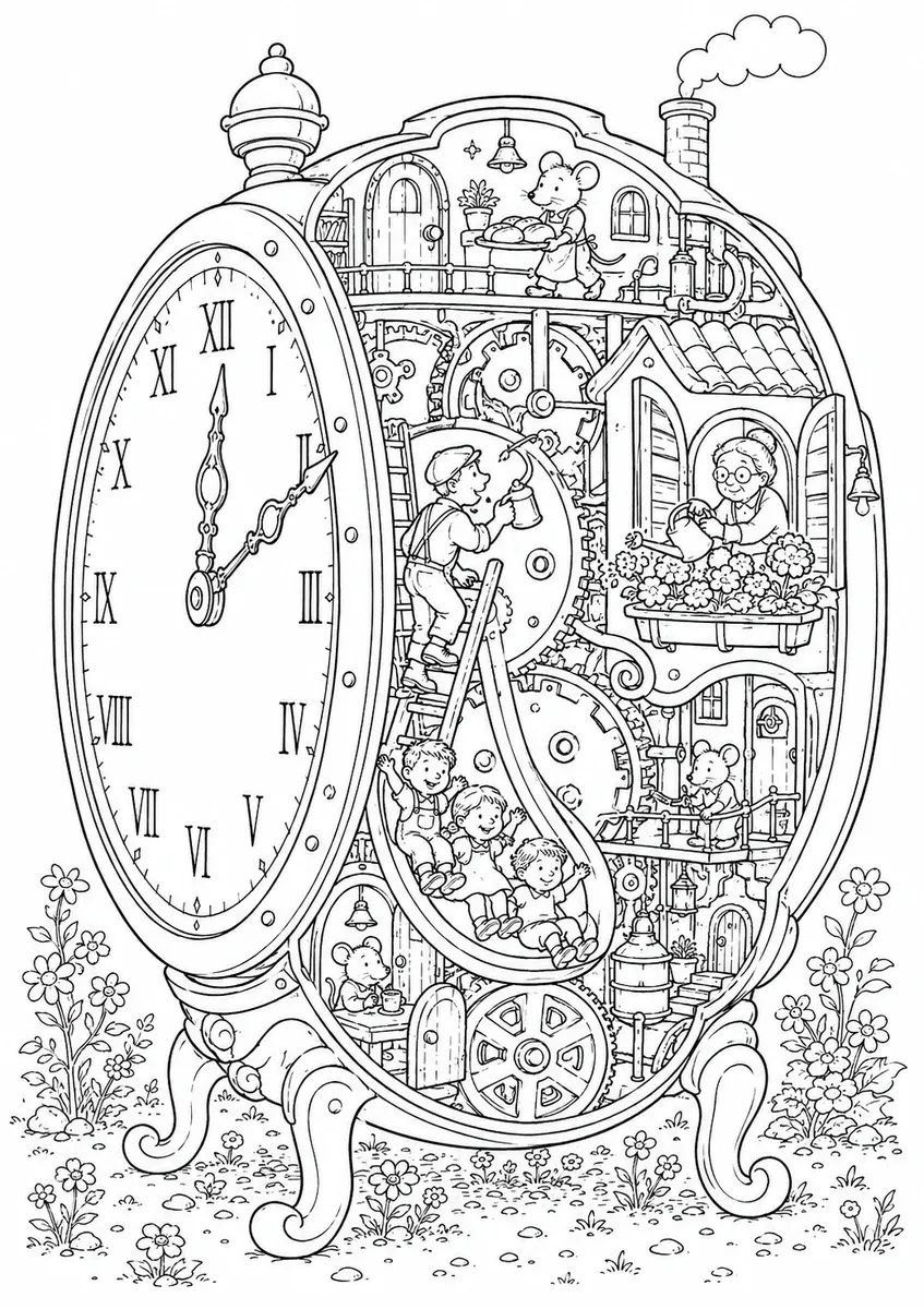 Ausmalbild einer Standuhr im Querschnitt mit einer kleinen Stadt zwischen den Zahnrädern
