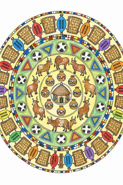 Symmetrisches Mandala um eine Zulu-Iqukwane-Kuppelhütte mit ukhamba-Krügen und kraal-Rindern